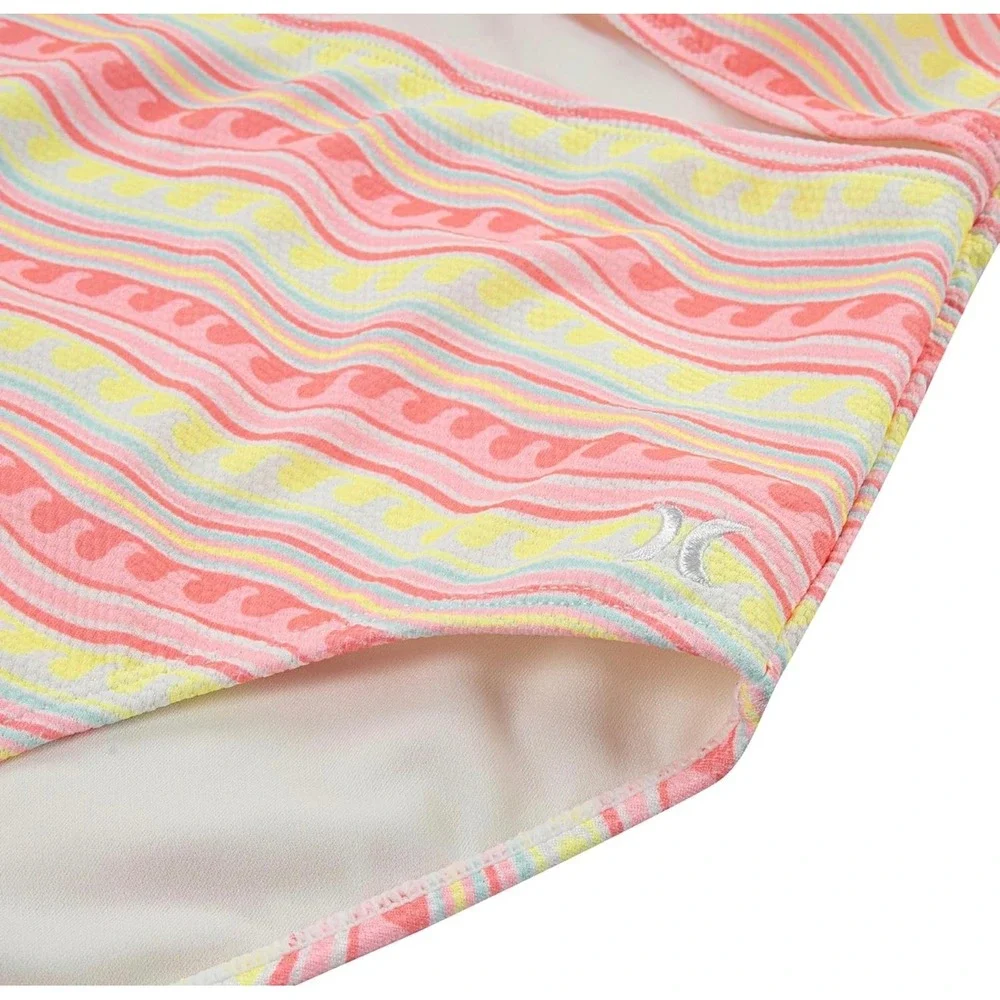 NWT Hurley Girls Pink Flamingo Wavy Stripe Cut Out One Piece Swimsuit Size 14